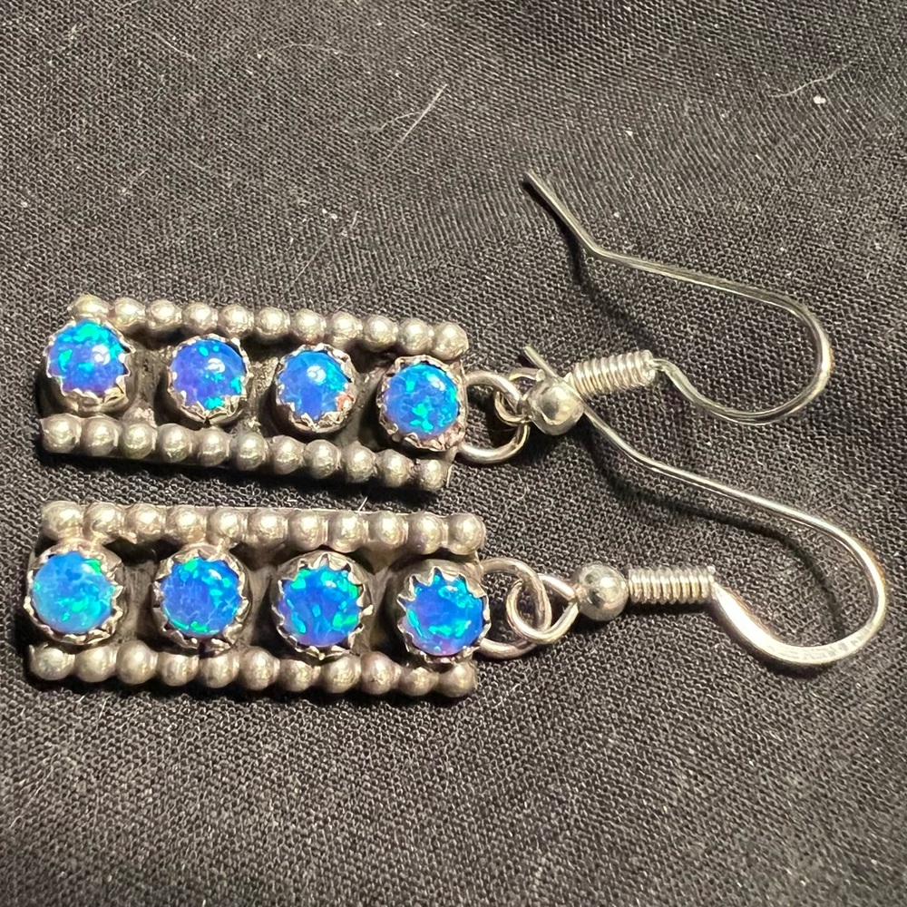 Opal Blue and Sterling Silver Snake eyes Dangle Earrings - Picture 3 of 5
